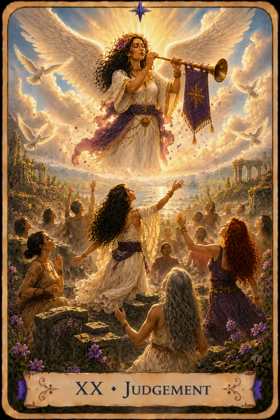 Judgement from The Unconquered Heart Tarot depicts a winged woman in the sky blowing a long golden trumpet draped with a purple banner. White doves fly among bright clouds around her. Below, a diverse group of people gathers among stone ruins, many looking upward and raising their arms toward the figure in the sky. Mountains and a sunlit body of water stretch into the distance.