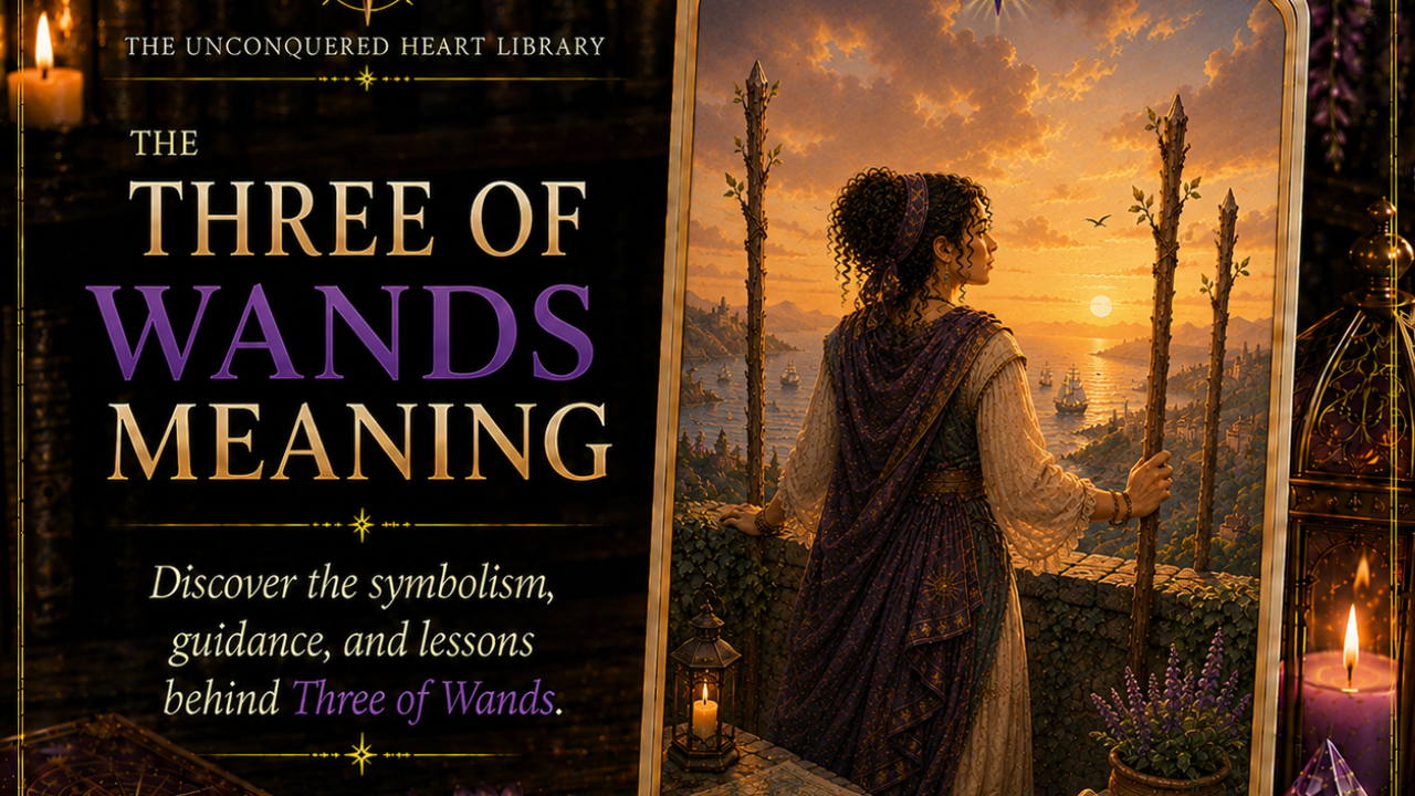 Three of Wands Tarot Card Meaning featuring the card from the Unconquered Heart Tarot. Card is fully described in the article.