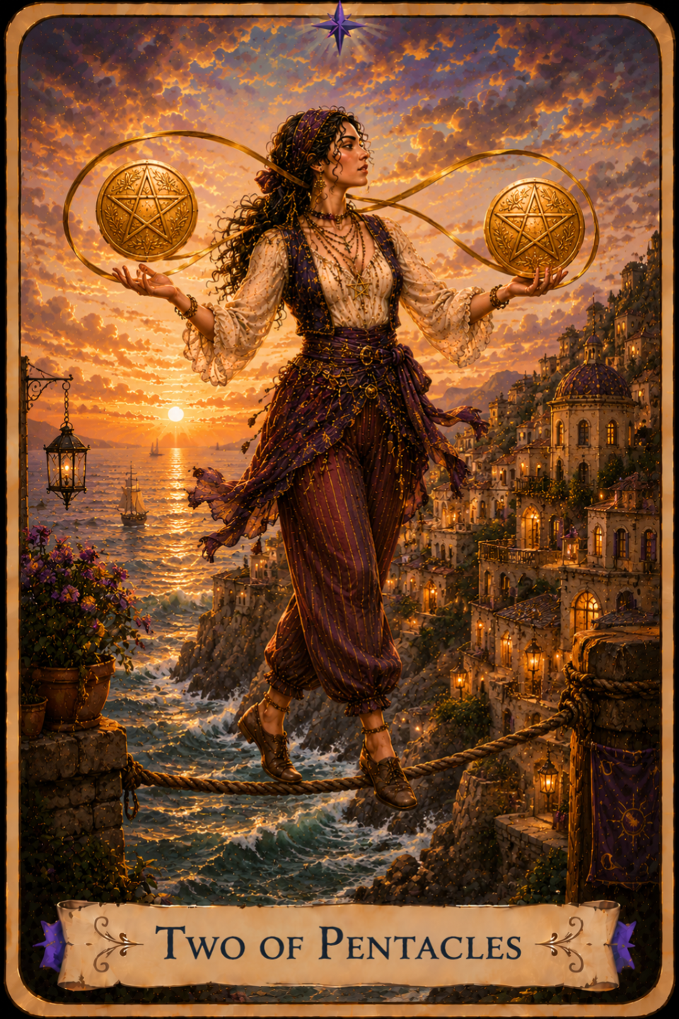 Two of Pentacles Tarot card showing a woman with long dark curly hair carefully walking across a tightrope above the ocean at sunset while balancing a golden pentacle in each hand. A golden ribbon loops around the two pentacles in the shape of an infinity symbol as her flowing cream blouse, deep purple vest, and striped purple trousers move in the sea breeze. Behind her, waves crash against rocky cliffs below a hillside city glowing with warm lights, while sailing ships drift across the water beneath a dramatic evening sky.
