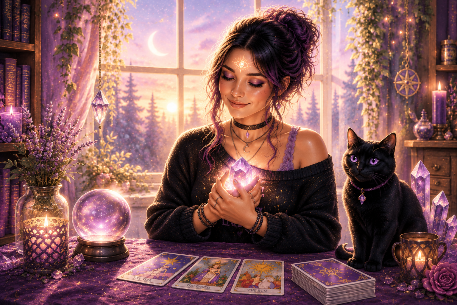 Woman holding a glowing crystal with Tarot cards and a black cat beside her.
