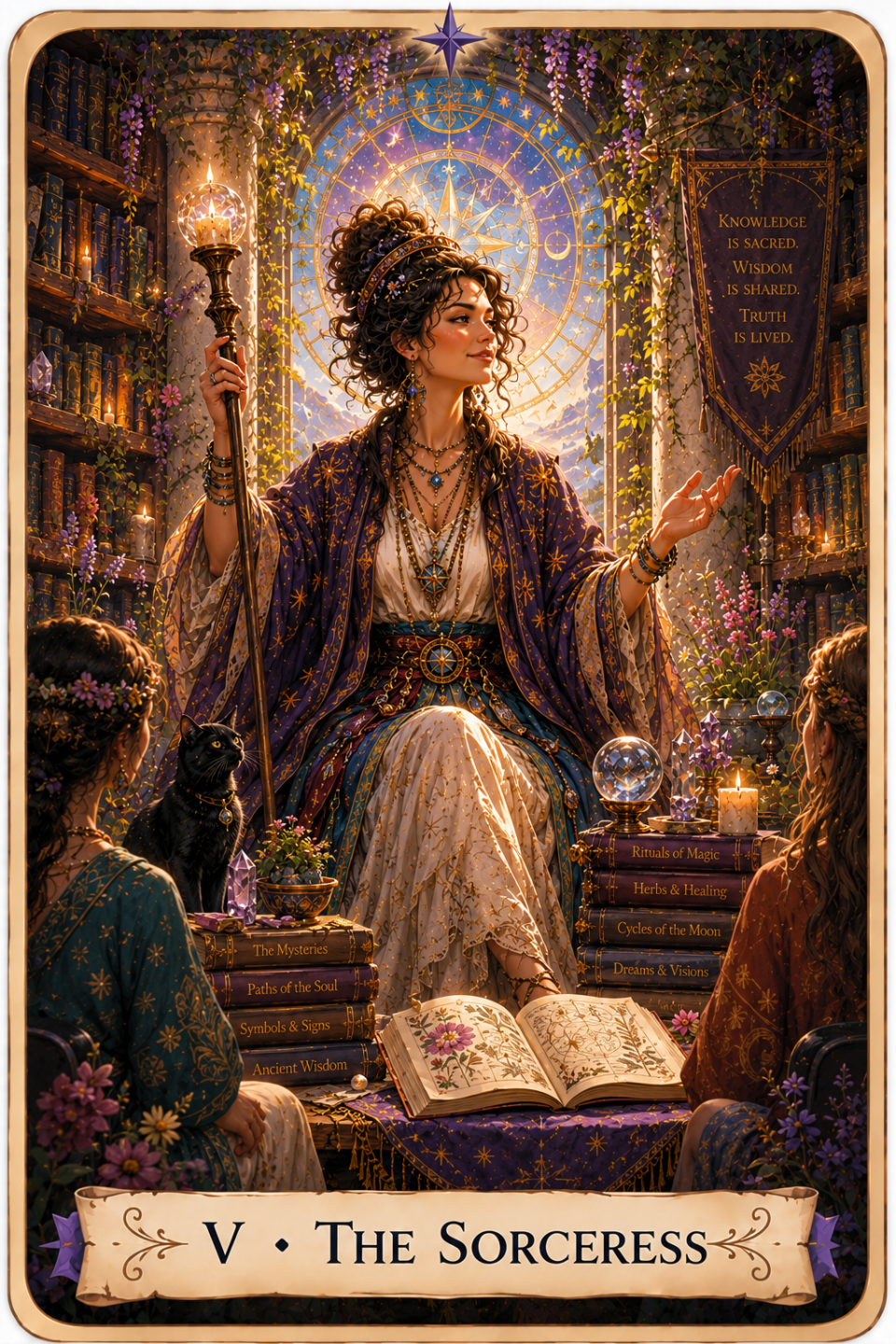 The Hierophant, renamed The Sorceress in The Unconquered Heart Tarot. A woman in flowing purple and white robes sits in a magical library, holding a glowing staff as she teaches two women seated before her. Books, candles, crystals, flowers, and a black cat surround them beneath a celestial window. A banner reads, “Knowledge is sacred. Wisdom is shared. Truth is lived.”