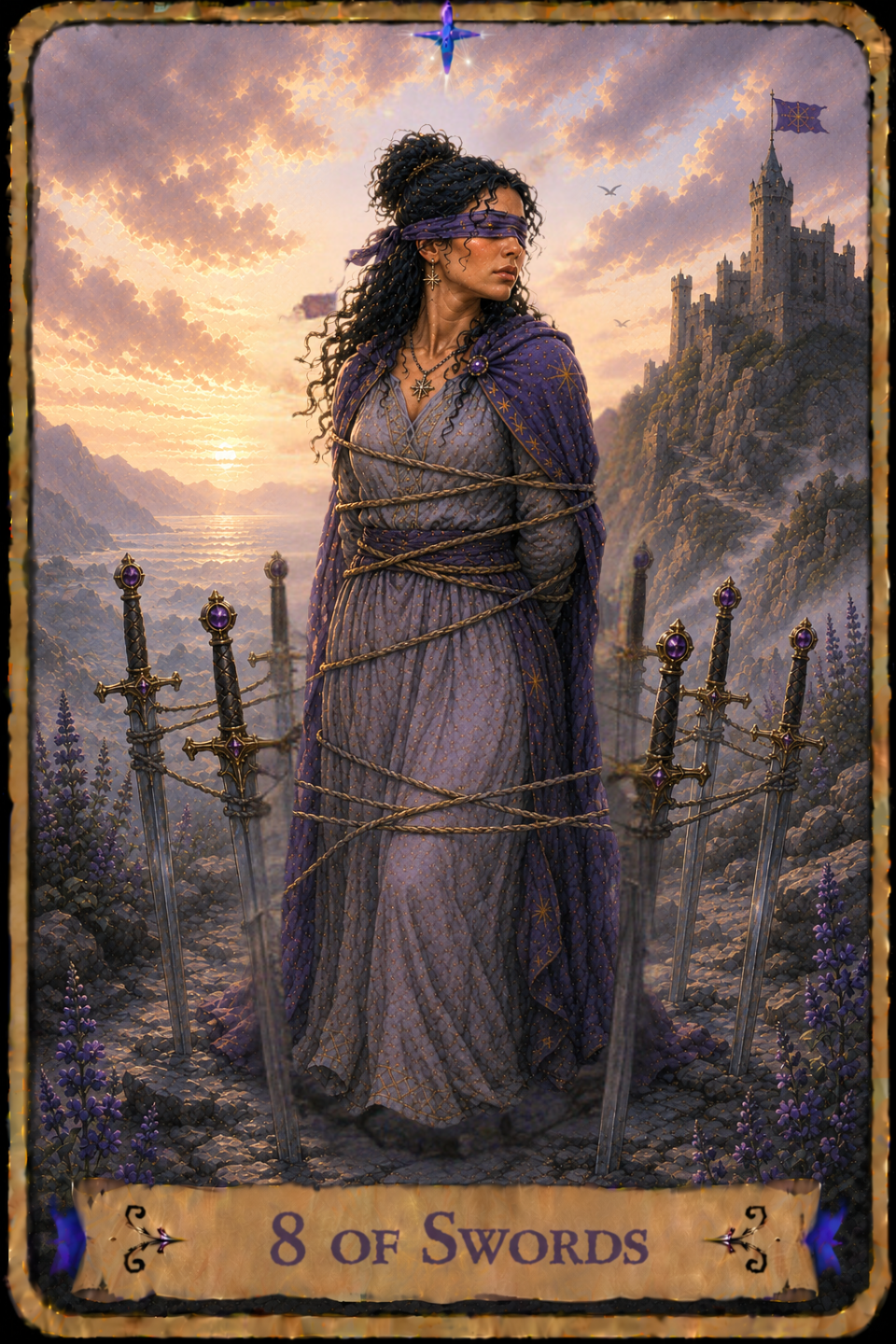Eight of Swords Tarot card showing a woman with long curly dark hair wearing a gray dress and a flowing purple cloak as she stands on a rocky shoreline with her hands bound behind her back. A purple blindfold covers her eyes while rope is wrapped around her body from her shoulders to her thighs, attaching to eight swords which stand upright in the ground surrounding her in a circle. She turns her head to one side as the breeze lifts loose strands of her hair and the edge of her cloak. Purple wildflowers bloom among the rocks, while the sea stretches toward distant mountains beneath a sky filled with layered clouds and warm sunlight. A castle rises on the cliffs overlooking the shoreline, with a flag bearing an eight-pointed compass flying from one of its towers.