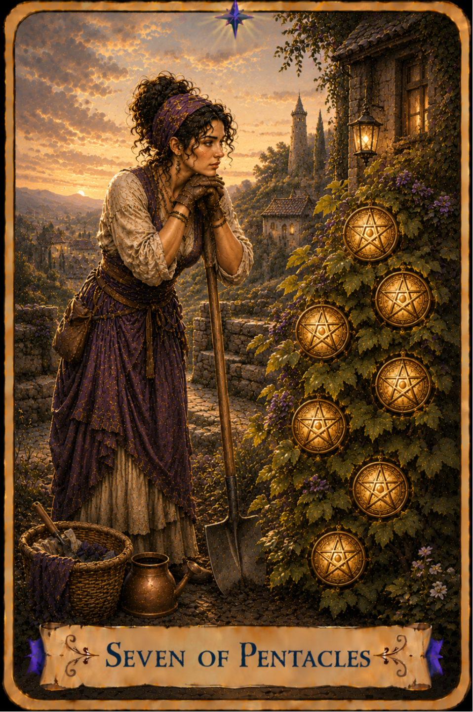 Seven of Pentacles Tarot card showing a woman with curly dark hair gathered beneath a purple headscarf, wearing a cream-colored dress with a flowing purple overdress as she rests both hands on the top of a shovel handle and gazes toward a climbing vine. Seven large golden pentacles hang among the green leaves of a bush. Purple flowers grow up the stone wall of a cottage, where a lantern glows beside a window. A woven basket filled with freshly picked purple flowers, a bronze watering can, and a small clay pot rest on the cobblestone path at her feet. Rolling hills, stone walls, village rooftops, and a tall tower stretch into the distance beneath a golden sunrise.