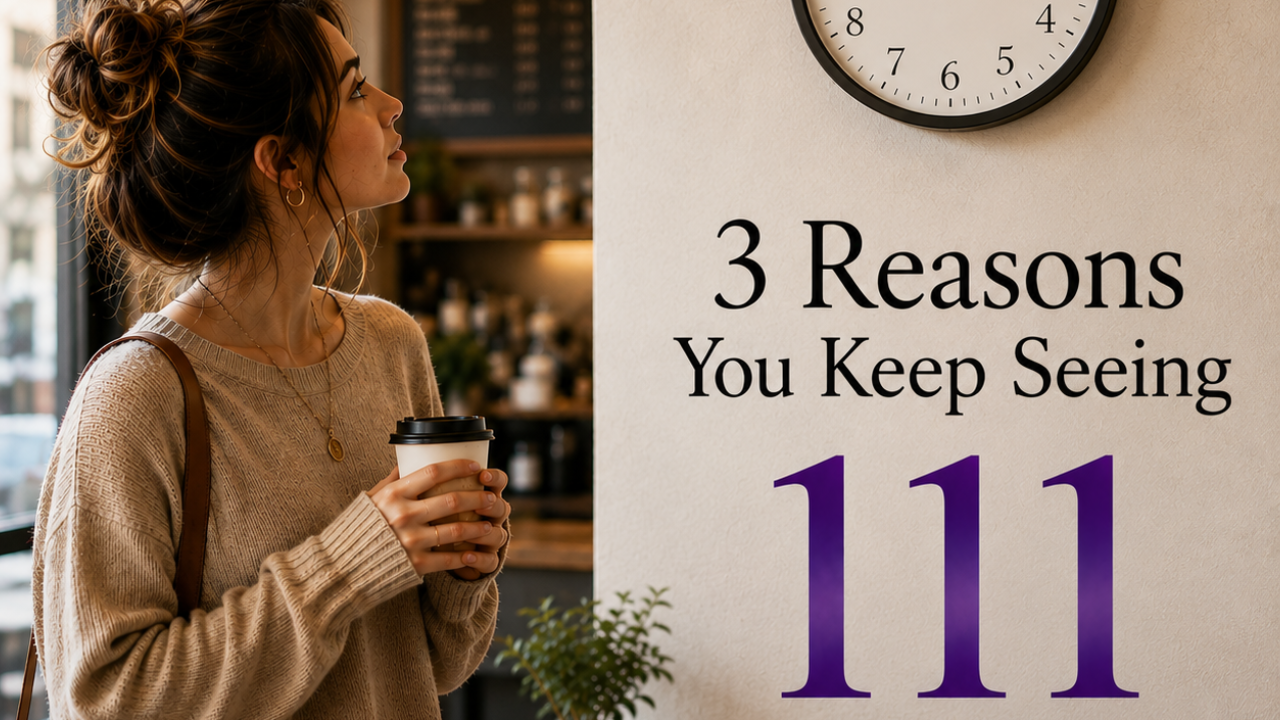Three Reasons You Keep Seeing Angel Number 111. A woman holding a coffee cup looks up at an analog clock showing 1:11 in a warm, modern café.