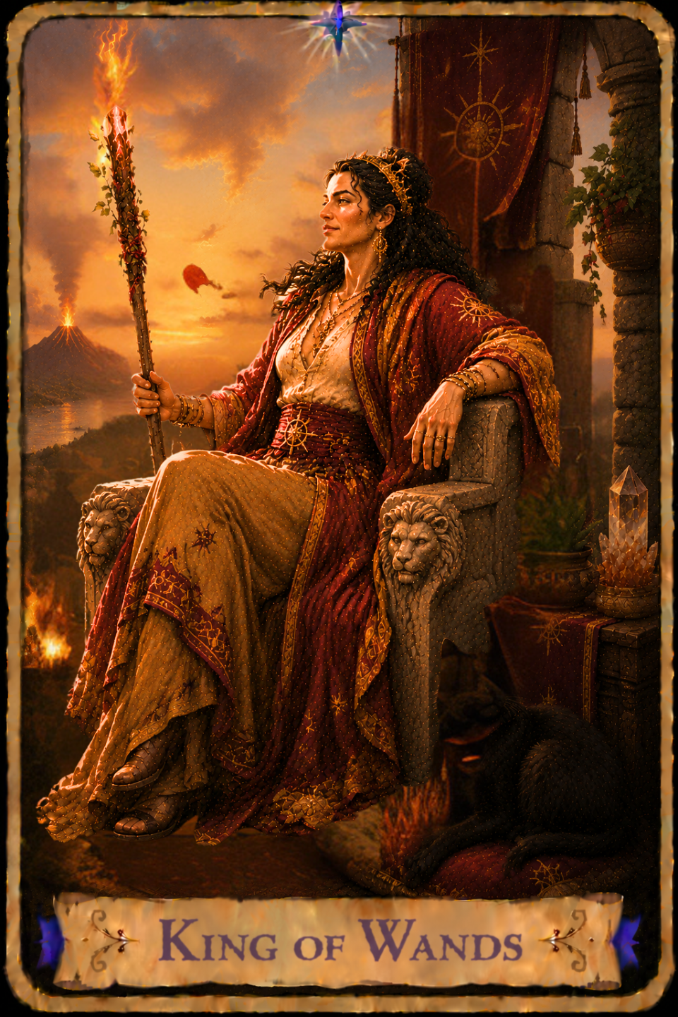 King of Wands Tarot card showing a woman with long curly dark hair seated on a carved stone throne with lion head armrests beneath a warm golden afternoon sky. She wears a flowing cream-colored gown with a deep red embroidered robe trimmed in gold, along with a golden crown and matching jewelry. She gazes confidently toward the distance while holding a tall wooden wand wrapped with green vines and red flowers, its tip crowned with a glowing crystal and rising flame. A black cat rests beside the throne near a table holding a large crystal point and potted plants. A deep red banner embroidered with an eight-pointed compass hangs behind the throne, while a volcano rises across the water in the distance with smoke drifting into the sky. The late afternoon sun casts a warm glow across the landscape, highlighting the throne, the burning wand, and the surrounding stone terrace.