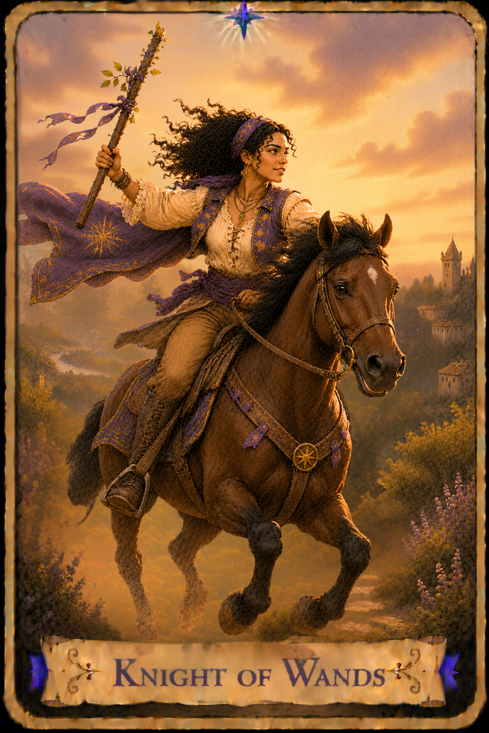 Knight of Wands Tarot card showing a woman with long curly dark hair riding a galloping dark brown horse beneath a warm golden afternoon sky. She wears tan riding trousers, a cream-colored lace-up blouse, sturdy boots, and a flowing purple embroidered cloak that billows dramatically behind her in the wind. She smiles as she looks confidently toward the distance while raising a tall wooden wand decorated with purple ribbons and fresh green leaves high above her head. The horse races along a winding path through rolling hills, with a river, distant village, and castle visible across the sunlit landscape. Purple wildflowers bloom beside the trail, while the horse's mane, the rider's hair, and the ribbons stream behind them in the wind.