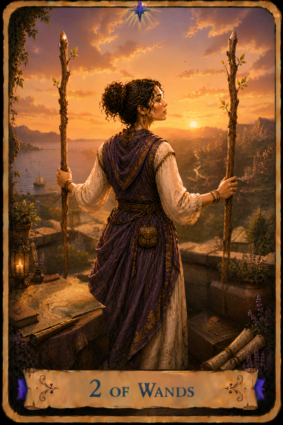 2 of Wands Tarot card showing a woman with long curly dark hair standing on a stone rooftop terrace beneath a warm golden sunrise sky, viewed from behind as she looks out across the landscape. She wears a cream-colored gown with flowing sleeves beneath a purple embroidered cloak and holds a tall wooden wand in each hand, one on either side of her. A pouch at her waist is decorated with an eight-pointed star. The woman overlooks a winding river flowing through a broad valley toward distant hills, with the sea, sailing ships, village rooftops, and rocky cliffs stretching across the horizon. A lantern, rolled maps, a telescope, and an open map rest on a stone table beside her, while flowering plants and climbing vines surround the terrace.