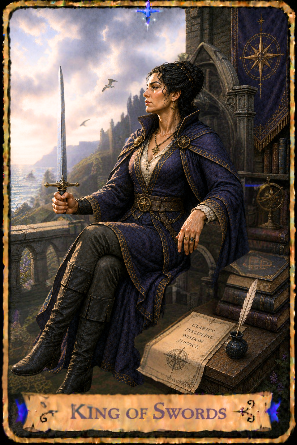 Ace of Wands Tarot card showing a hand emerging from the lower edge of the card wearing a flowing cream-colored sleeve trimmed with gold and a purple cloak as it raises a living wooden wand toward the sky. Fresh green leaves sprout from the twisting branch while flames and glowing golden light swirl around its tip. Flowering vines frame both sides of the scene, overlooking a broad valley with winding rivers, distant villages, rolling hills, and a hilltop castle beneath a brilliant golden sunrise sky filled with glowing clouds. A potted succulent and a cluster of purple, clear, and golden crystal points rest on a stone ledge in the foreground, while birds soar through the sky in the distance.