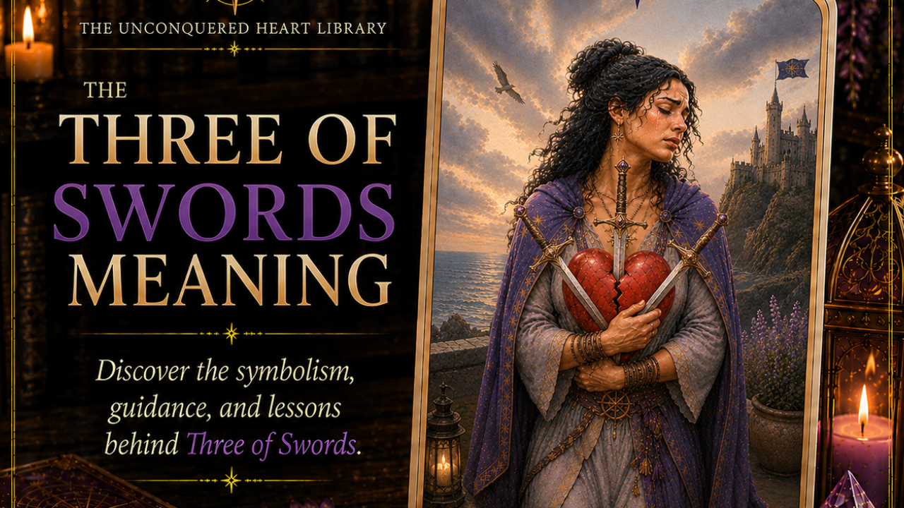 Three of Swords Tarot Card Meaning featuring the card from the Unconquered Heart Tarot. Card is fully described in the article.