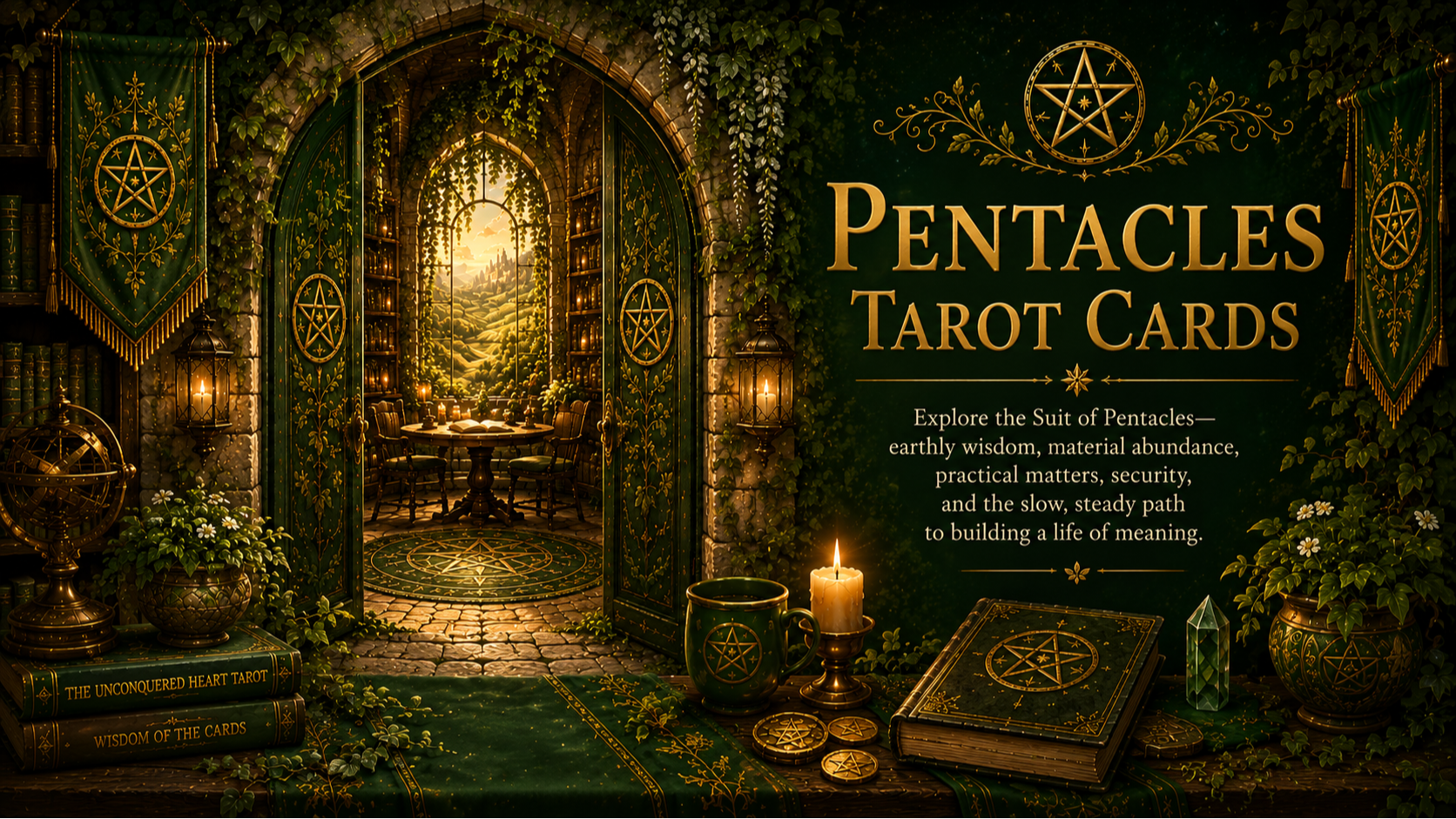 An ivy-covered stone doorway opens into a warm, green-and-gold library filled with books, lanterns, pentacle symbols, Tarot cards, and a sunlit view beyond. Text reads ‘Pentacles Tarot Cards.’ Follow this image to discover the meanings of each of the Pentacles Tarot cards.