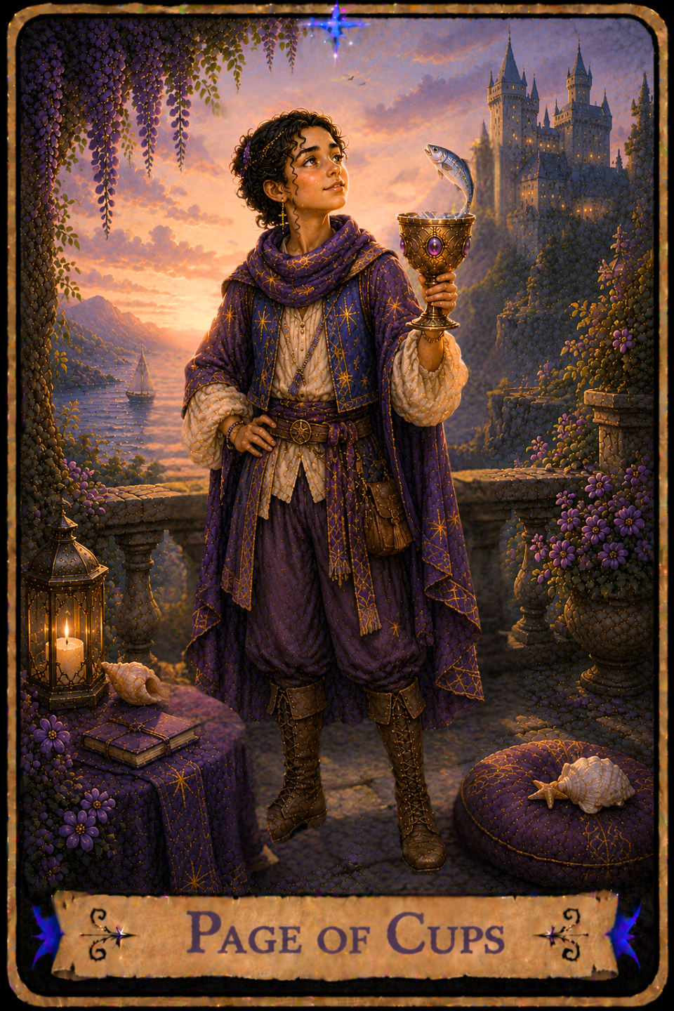 Page of Cups Tarot Card featuring the card from the Unconquered Heart Tarot. Follow this link for the full card description and meaning.