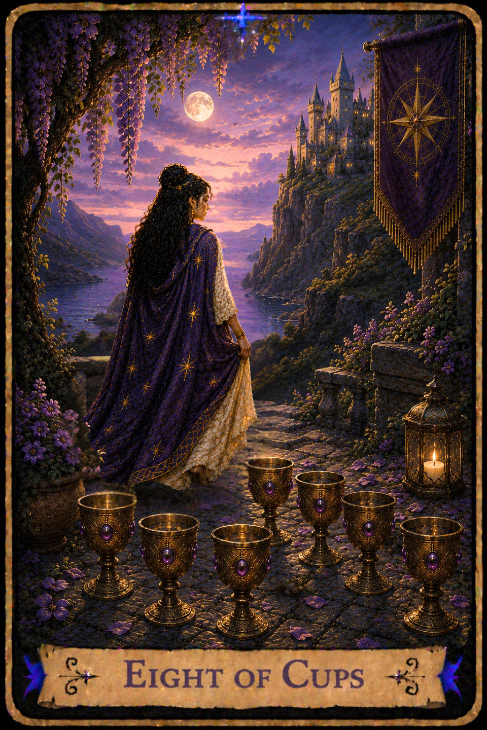 Eight of Cups Tarot Card featuring the card from the Unconquered Heart Tarot. Follow this link for the full card description and meaning.