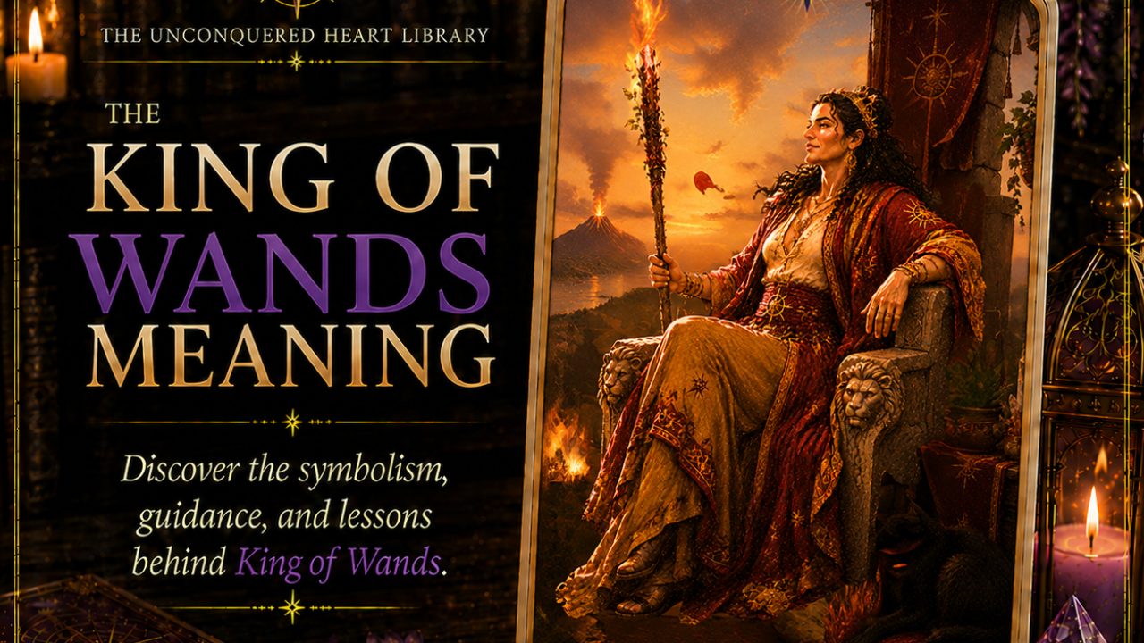 King of Wands Tarot Card Meaning featuring the card from the Unconquered Heart Tarot. Card is fully described in the article.