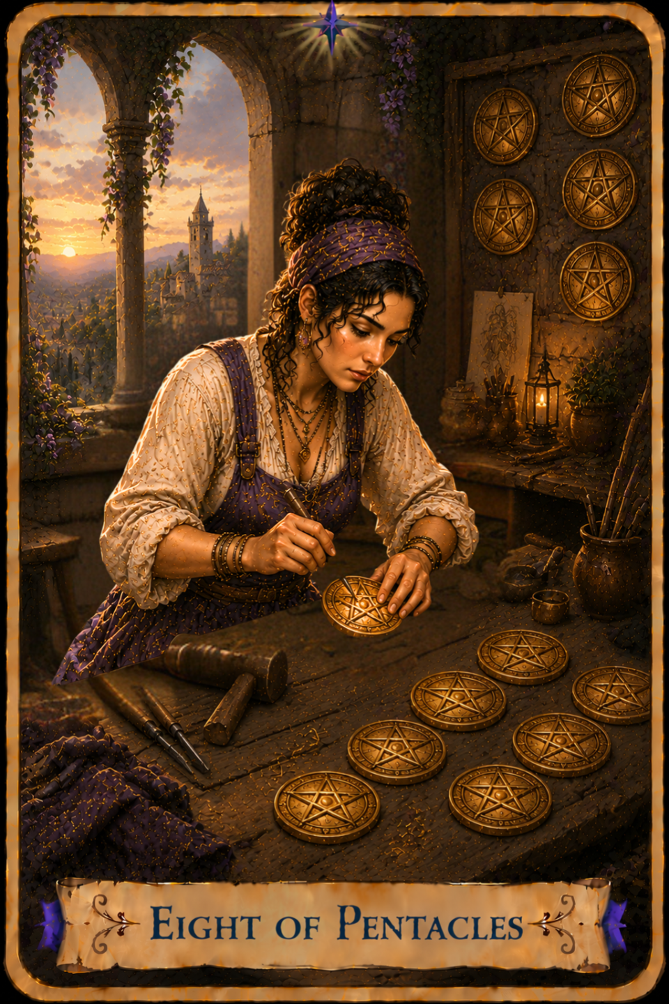 Seven of Pentacles Tarot card from the Unconquered Heart Tarot showing a hand holding a golden pentacle above a flower-filled garden. An open garden gate leads along a stone path toward a sunlit valley and distant mountains.
