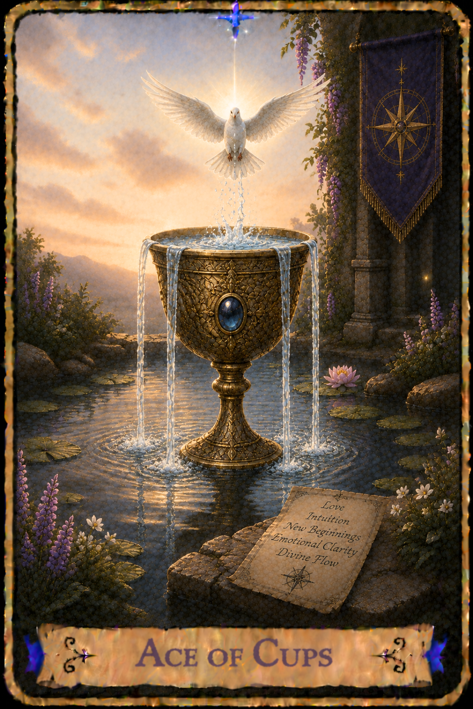 Ace of Cups Tarot Card featuring the card from the Unconquered Heart Tarot. Follow this link for the full card description and meaning.