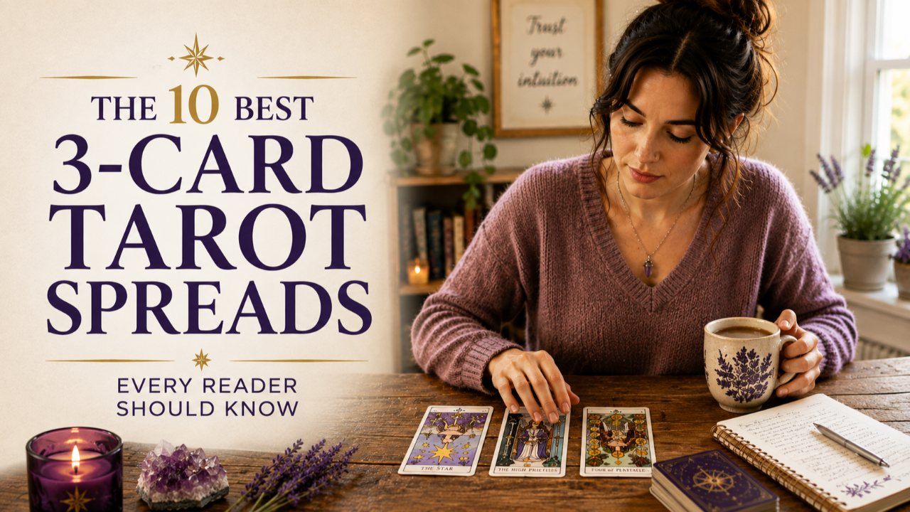 The 10 Best 3-Card Tarot Spreads Every Reader Should Know. A woman examines 3 Tarot cards in a spread.