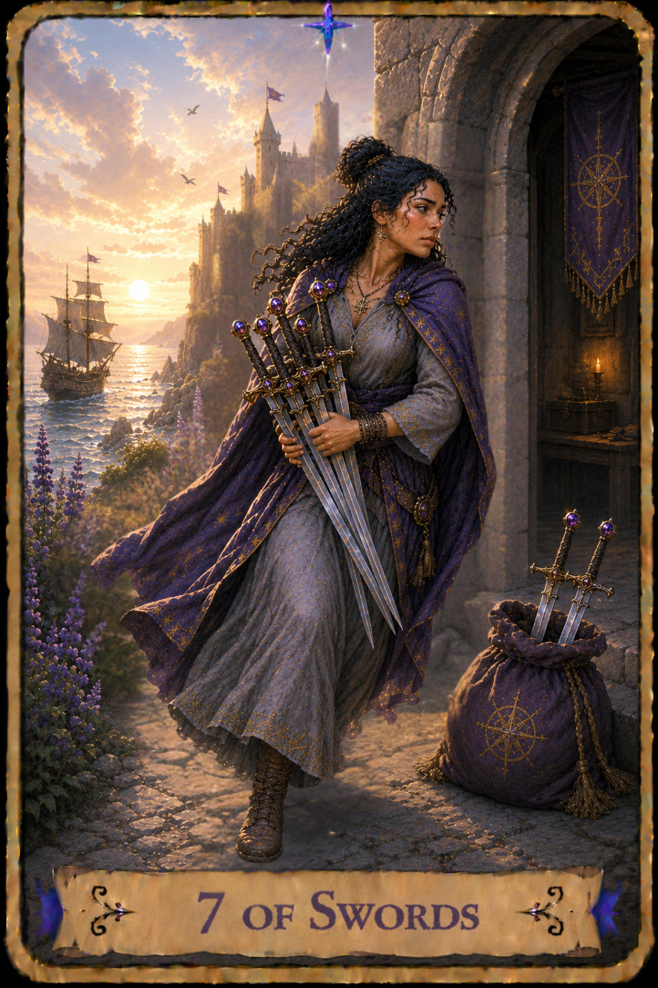 Seven of Swords Tarot card showing a woman with long curly dark hair wearing a gray dress, leather boots, and a flowing purple cloak as she walks along a cobblestone path carrying five swords in her arms. She looks over her shoulder while her cloak billows behind her. Two more swords stand upright in a purple cloth bag resting beside the doorway of a stone building, where a lit candle glows on a table inside. A purple banner embroidered with a golden compass hangs beside the doorway. Purple wildflowers bloom along the path, while a sailing ship crosses the water below a castle perched on the rocky cliffs. Birds fly across a sky filled with soft clouds as the sun hangs low above the horizon, reflecting light across the sea.