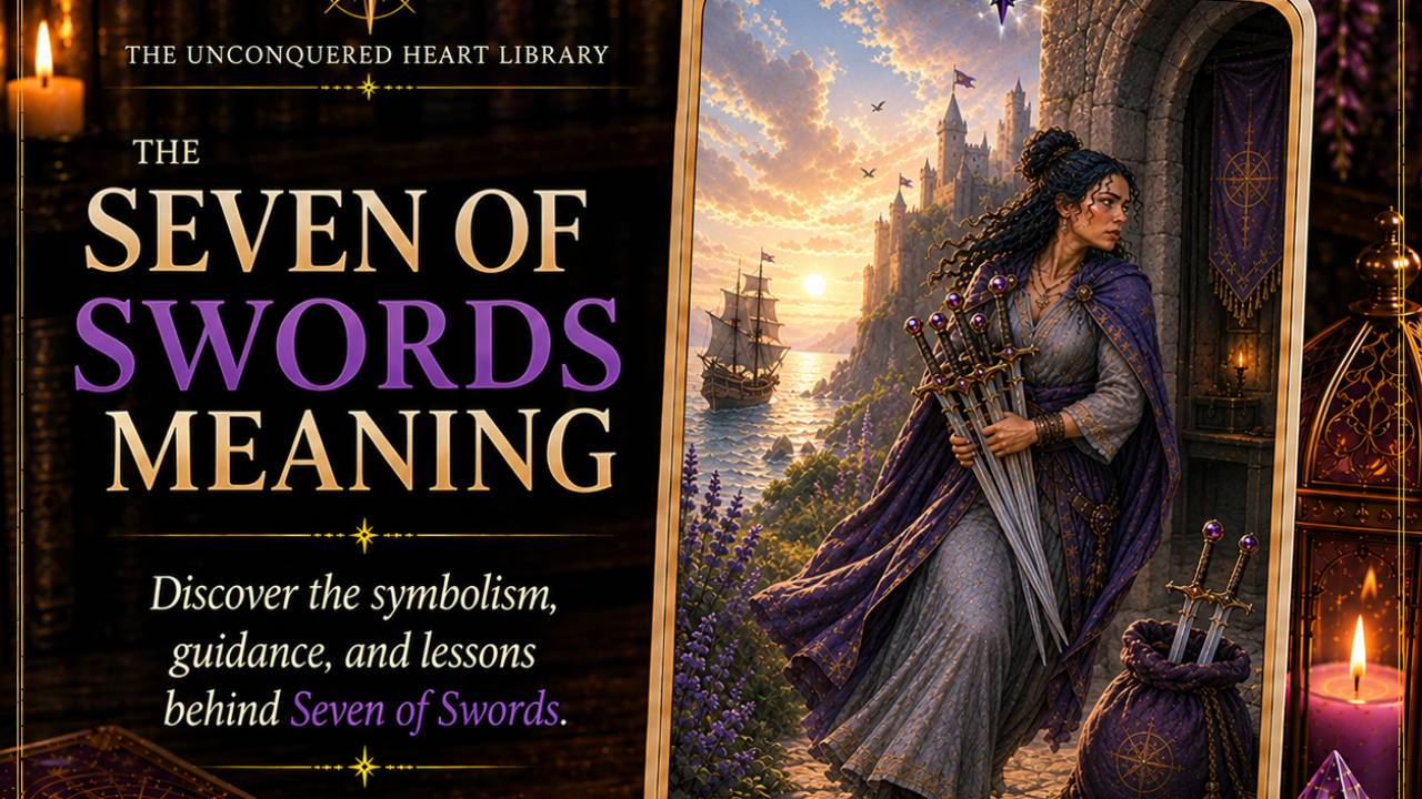 Seven of Swords Tarot Card Meaning featuring the card from the Unconquered Heart Tarot. Card is fully described in the article.