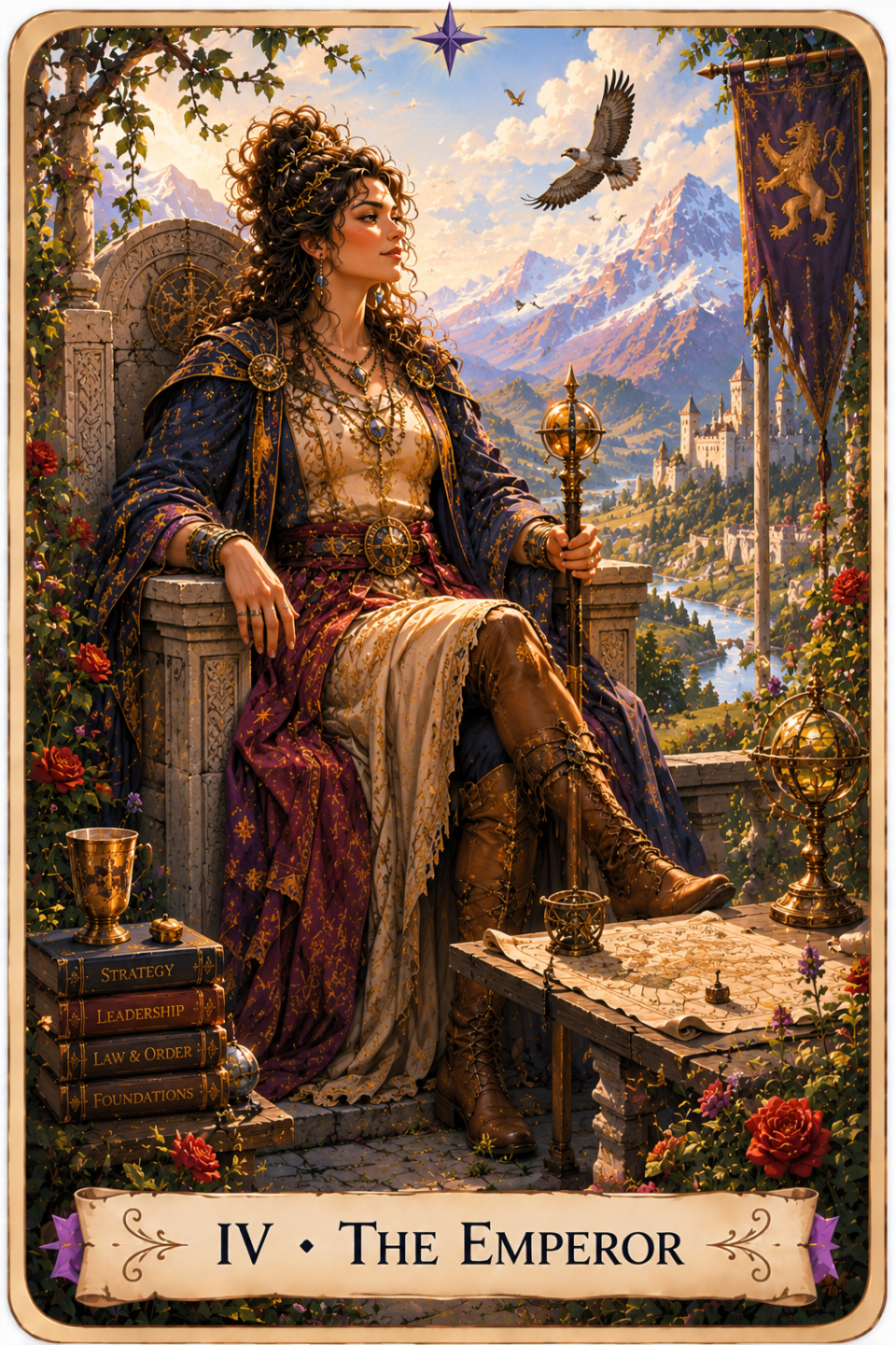 Banner for 78 Traditional Tarot Card Meanings showing a grand fantasy library with vaulted ceilings, bookshelves, glowing stained-glass windows, and a compass mosaic floor inviting visitors to explore the Tarot.