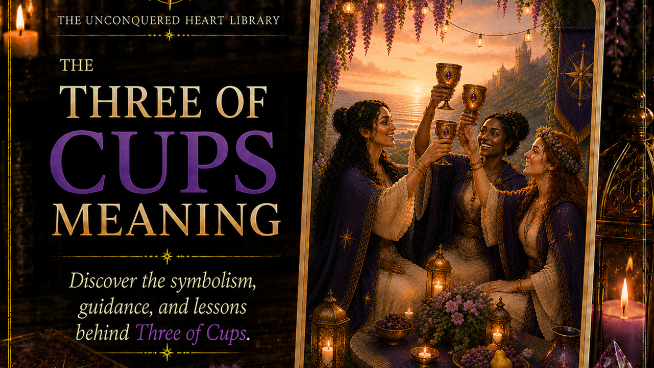 Three of Cups Tarot Card Meaning featuring the card from the Unconquered Heart Tarot. Card is fully described in the article.