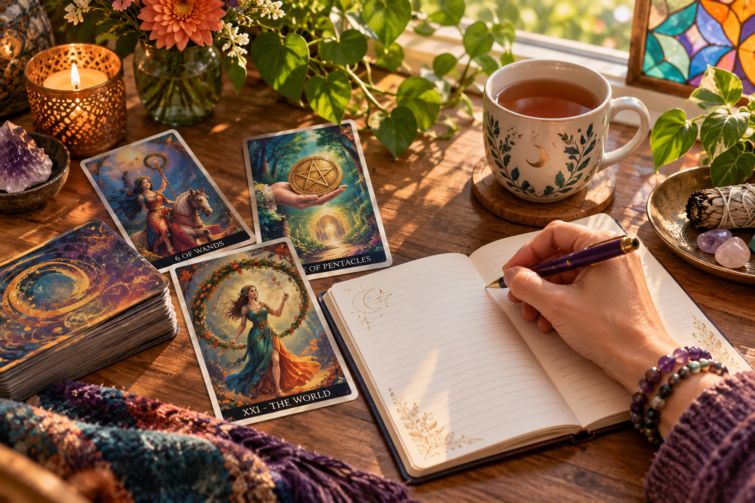 A woman journaling. The 6 of Wands, Ace of Pentacles, and World Tarot card from the Mystic Realms Tarot sit next to her journal.