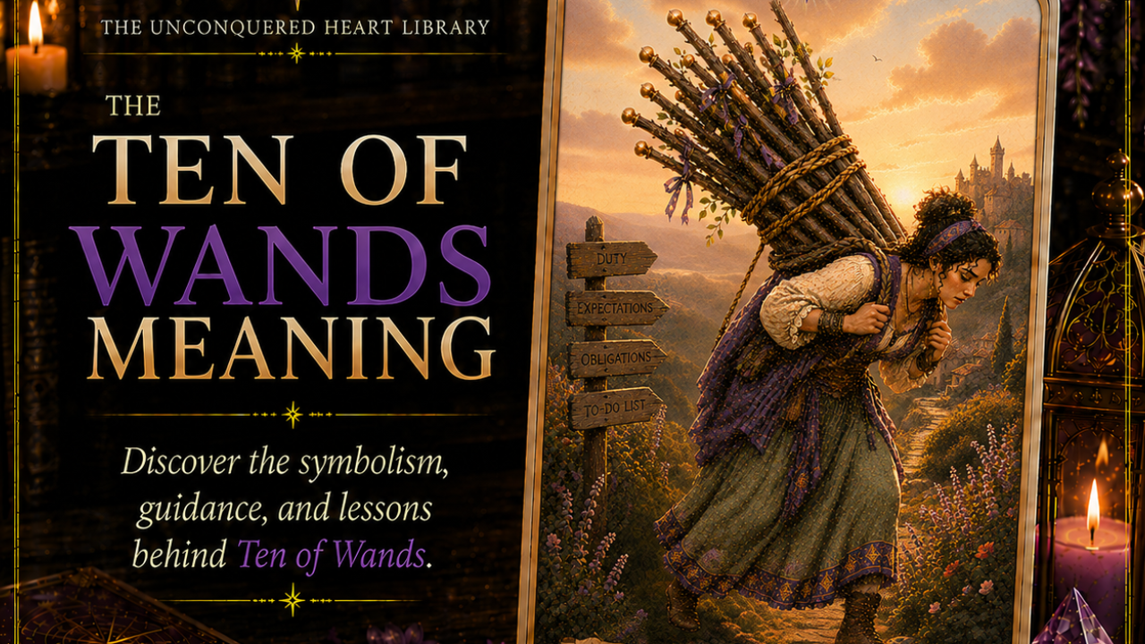 Ten of Wands Tarot Card Meaning featuring the card from the Unconquered Heart Tarot. Card is fully described in the article.