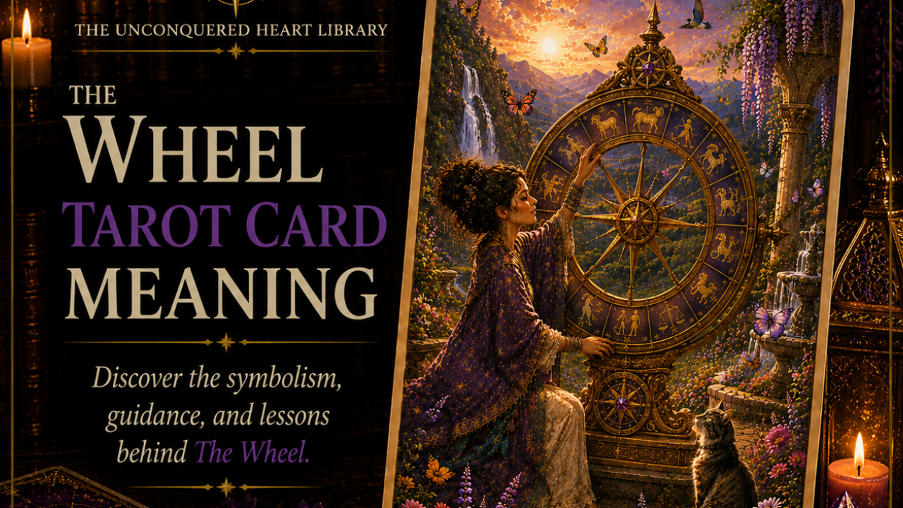 The Wheel Tarot Card Meaning featuring the card from the Unconquered Heart Tarot. Card is fully described in the article.