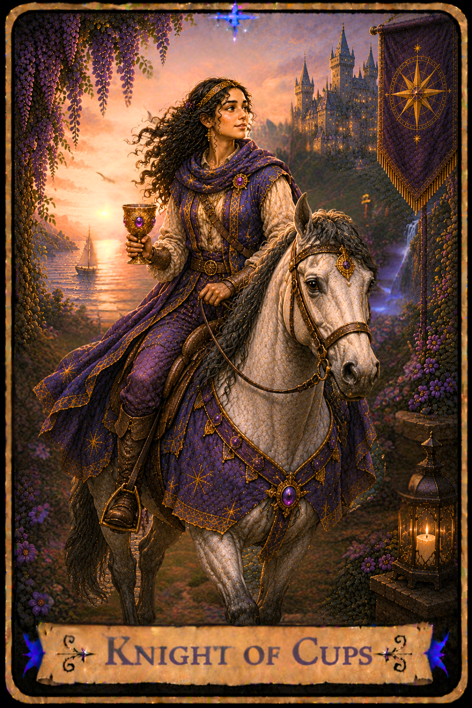 Knight of Cups Tarot Card featuring the card from the Unconquered Heart Tarot. Follow this link for the full card description and meaning.