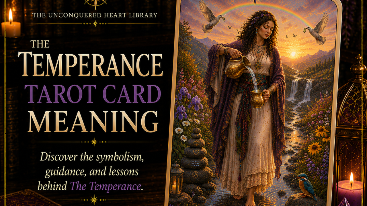 Temperance Tarot Card Meaning featuring the card from the Unconquered Heart Tarot. Card is fully described in the article.