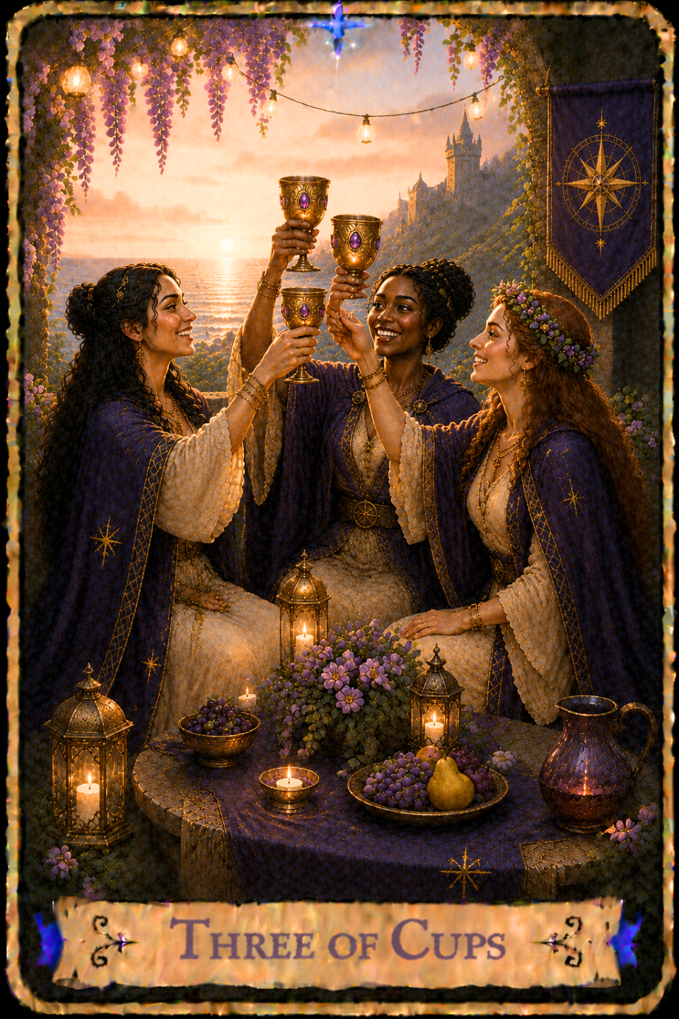 Three of Cups Tarot Card featuring the card from the Unconquered Heart Tarot. Follow this link for the full card description and meaning.