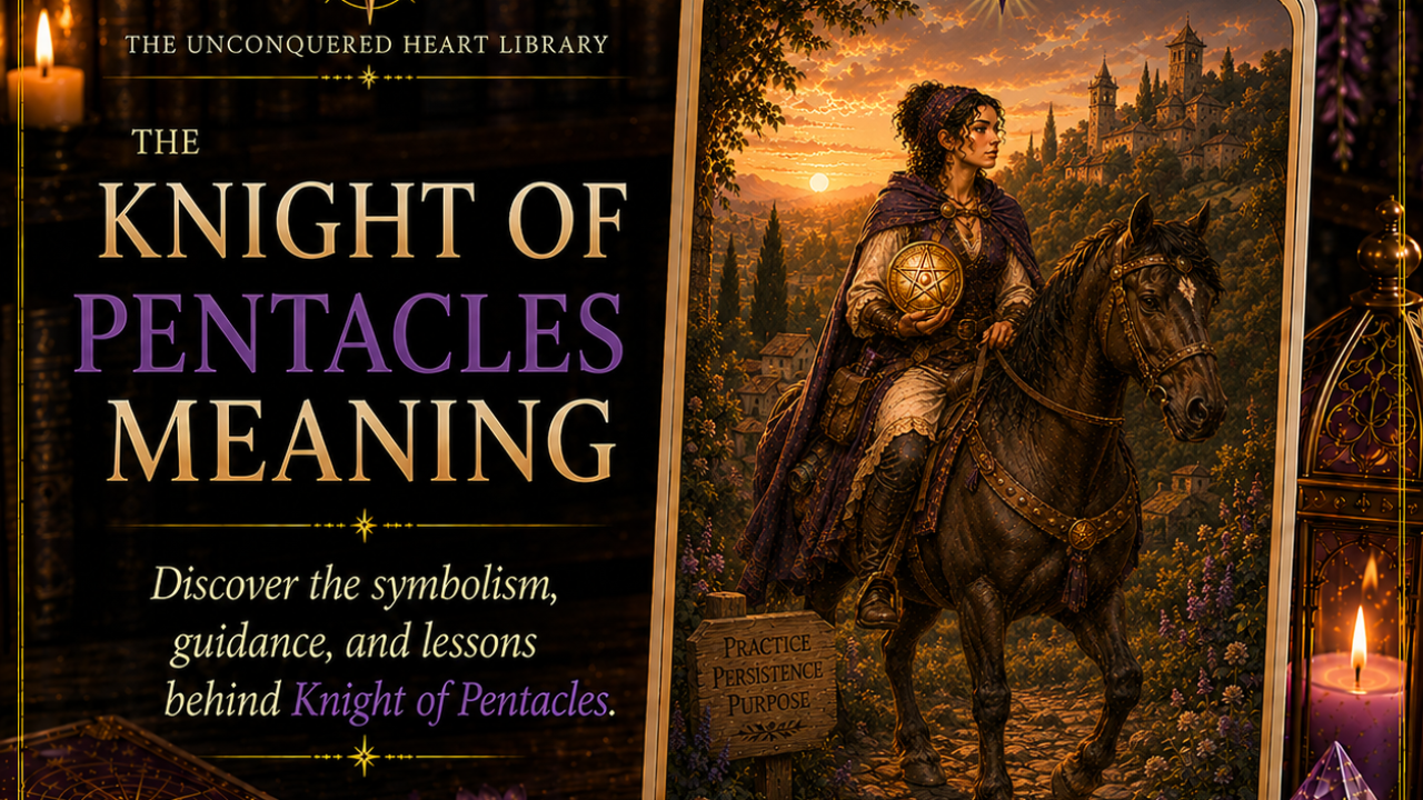 Knight of Pentacles Tarot Card Meaning featuring the card from the Unconquered Heart Tarot. Card is fully described in the article.