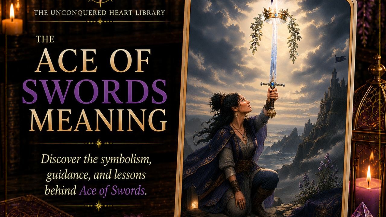 Ace of Swords Tarot Card Meaning featuring the card from the Unconquered Heart Tarot. Card is fully described in the article.