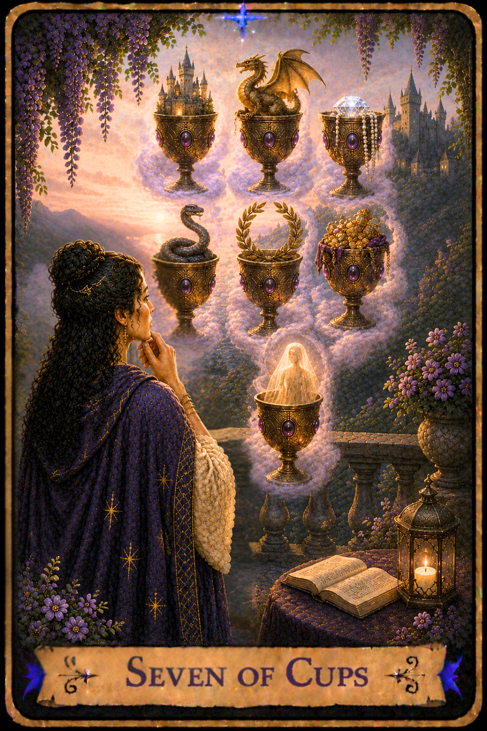 Seven of Cups Tarot Card featuring the card from the Unconquered Heart Tarot. Follow this link for the full card description and meaning.