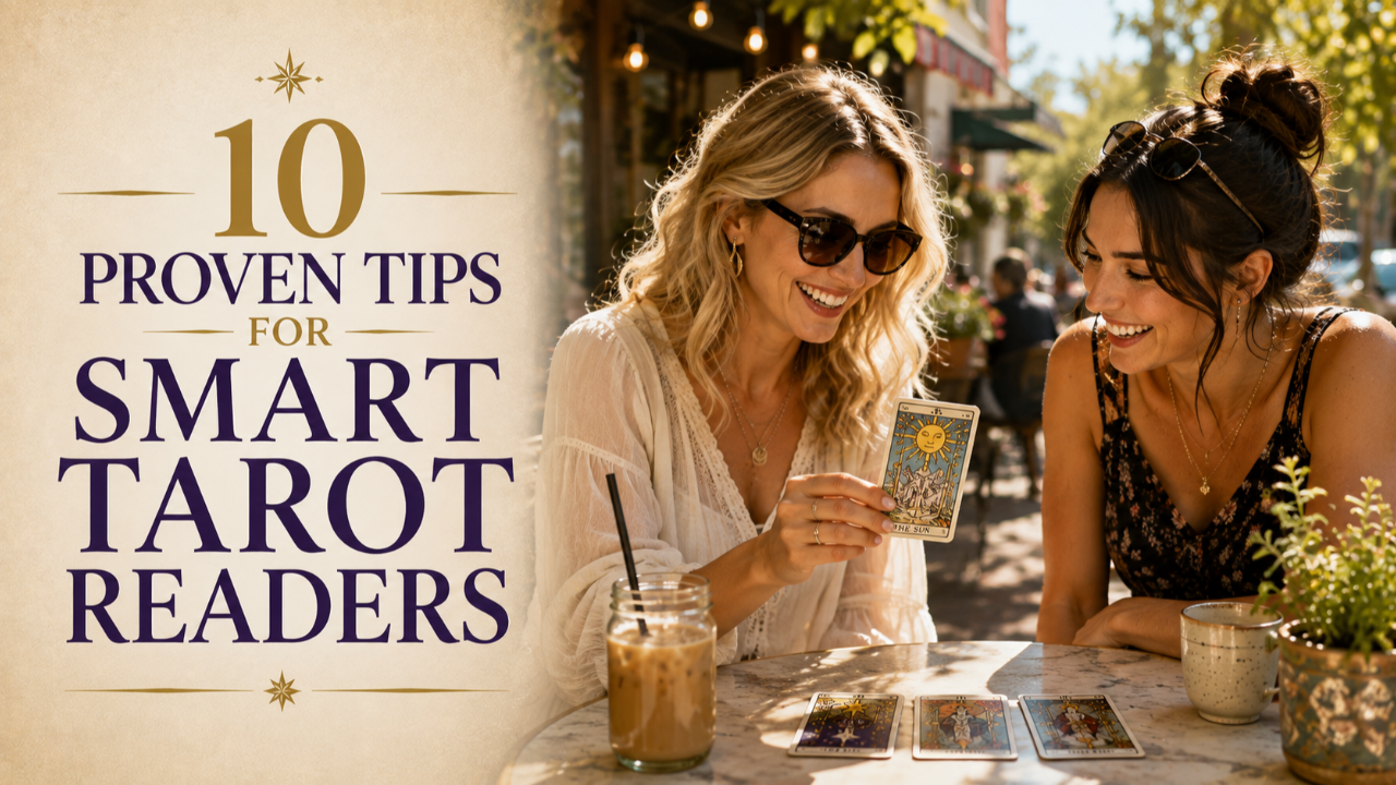 10 Proven Tips for Smart Tarot Readers. Two women smiling and reading Tarot cards together at a sunny outdoor café.