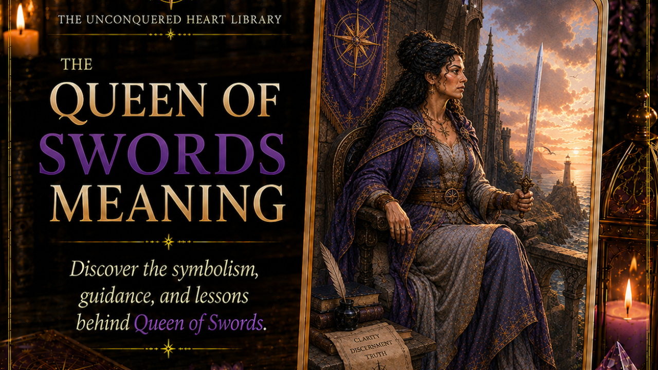 Queen of Swords Tarot Card Meaning featuring the card from the Unconquered Heart Tarot. Card is fully described in the article.