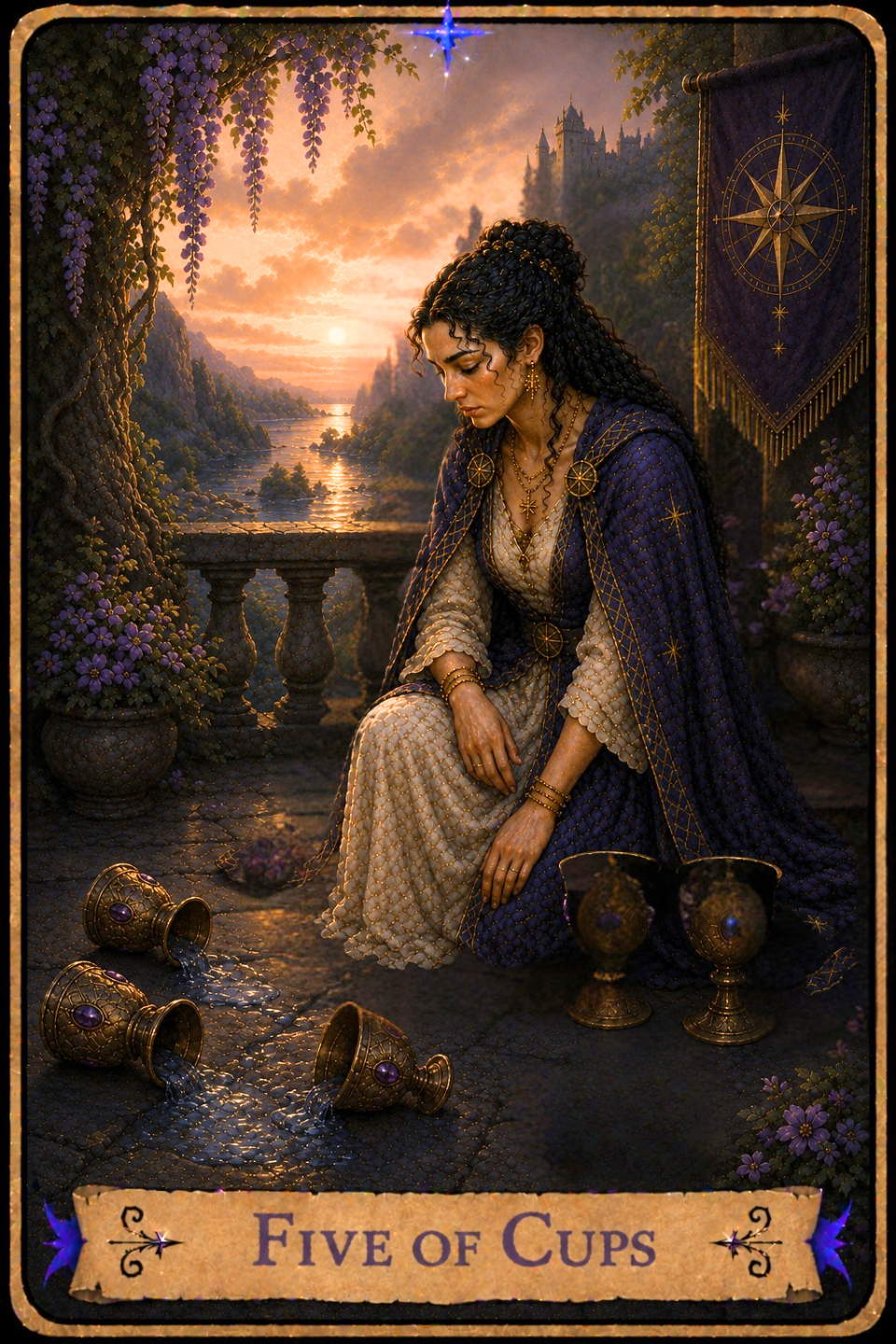 Five of Cups Tarot Card featuring the card from the Unconquered Heart Tarot. Follow this link for the full card description and meaning.
