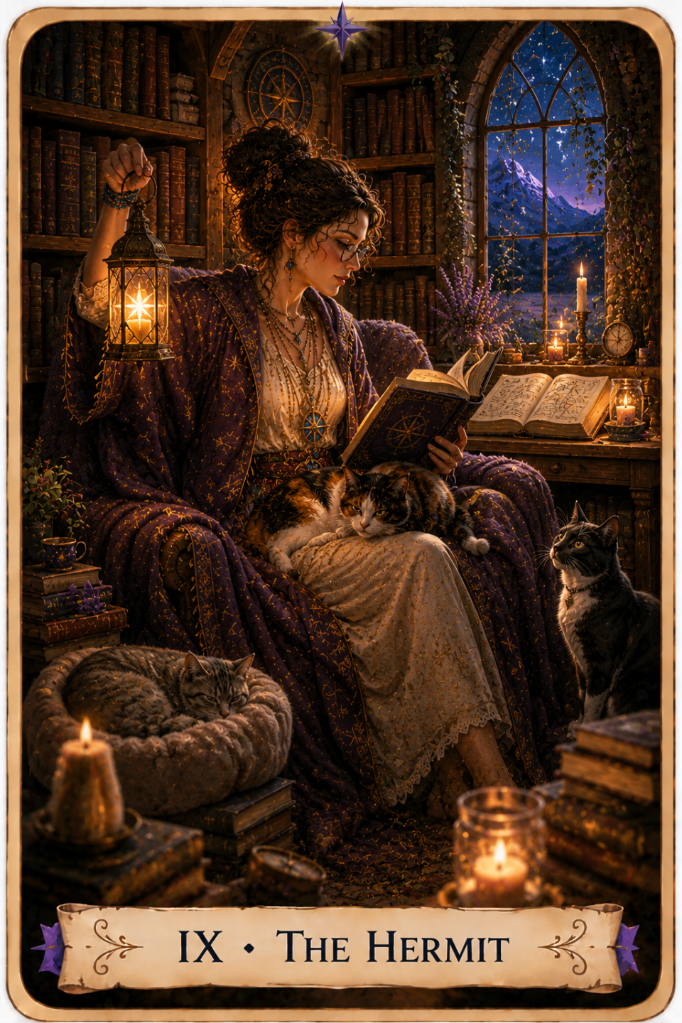 The Hermit from The Unconquered Heart Tarot. A woman sits in a candlelit library at night, reading a book while holding a glowing lantern. Several cats rest around her among stacks of books and candles. Through an arched window, a mountain can be seen beneath a dark, starry sky.