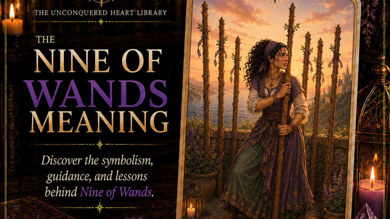 Nine of Wands Tarot Card Meaning featuring the card from the Unconquered Heart Tarot. Card is fully described in the article.