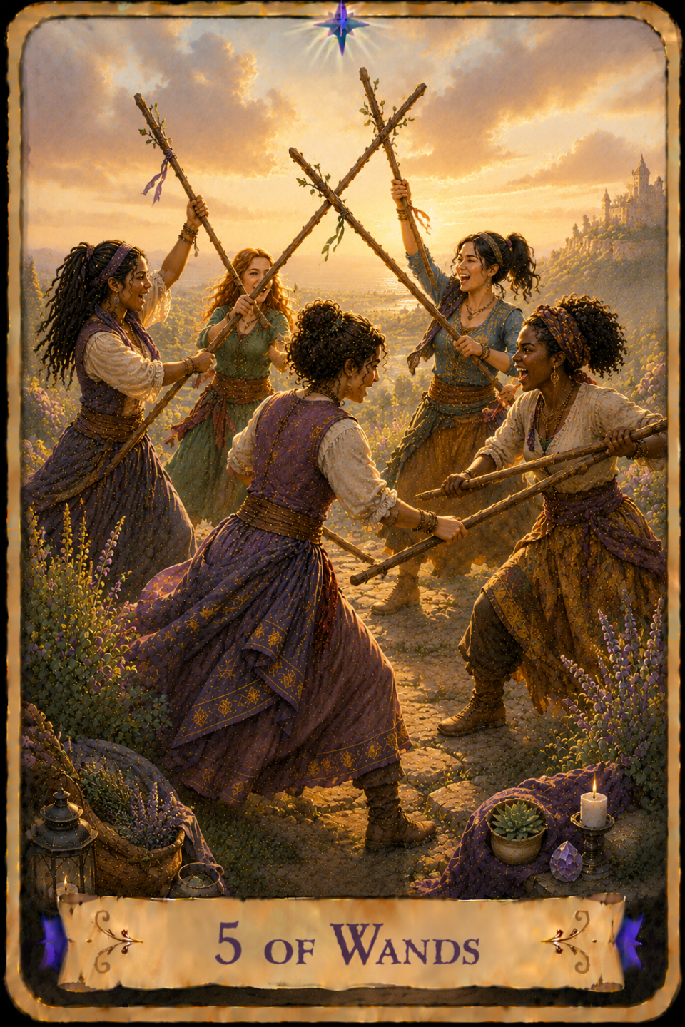 5 of Wands Tarot card showing five women laughing as they playfully cross tall wooden wands in a friendly mock battle beneath a warm golden sky. They wear colorful dresses in shades of purple, cream, green, and blue with embroidered details, scarves, and leather belts. Three women raise their wands overhead while two cross theirs at chest height, creating a circle of movement and energy. Flowering plants line the stone path where they stand, while a lantern, lit candle, potted succulent, and purple crystal rest nearby. Rolling hills, a distant castle, and a broad valley stretch across the landscape beneath soft golden light.