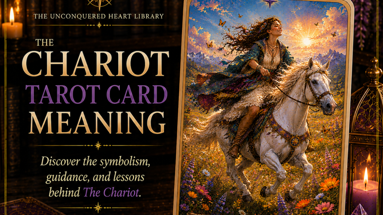 The Chariot Tarot Card Meaning featuring the card from the Unconquered Heart Tarot. Card is fully described in the article.