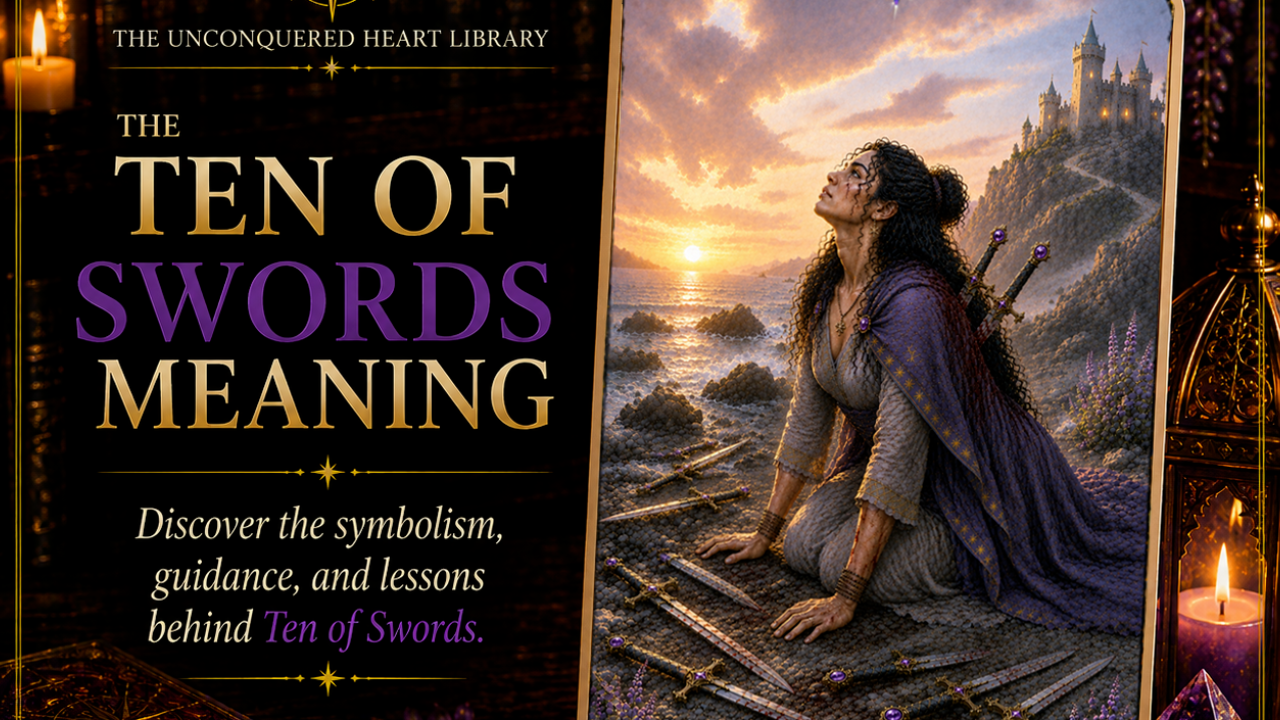 Ten of Swords Tarot Card Meaning featuring the card from the Unconquered Heart Tarot. Card is fully described in the article.