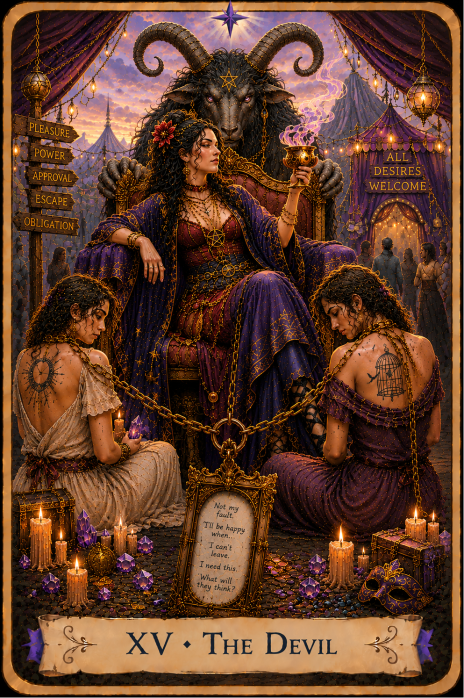 The Devil from The Unconquered Heart Tarot depicts a woman seated on an ornate throne beneath a large horned figure with a pentagram on its forehead. She wears flowing purple and red clothing and holds a smoking golden cup. Two women sit on the ground in front of her, surrounded by gold chains, candles, purple crystals, and other objects. Signs to the left read “Pleasure,” “Power,” “Approval,” “Escape,” and “Obligation,” while a tent to the right reads “All Desires Welcome.” A framed plaque in the foreground reads, “Not my fault. I’ll be happy when... I can’t leave. I need this. What will they think?”