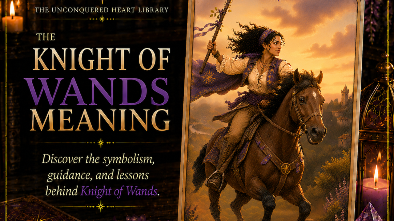 Knight of Wands Tarot Card Meaning featuring the card from the Unconquered Heart Tarot. Card is fully described in the article.