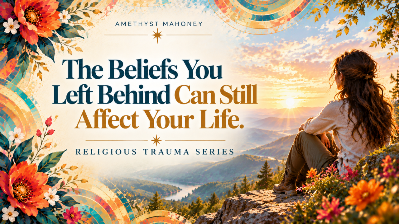 The Beliefs you left behind can still affect your life. Religious trauma. A woman sits looking across the mountains at sunset.