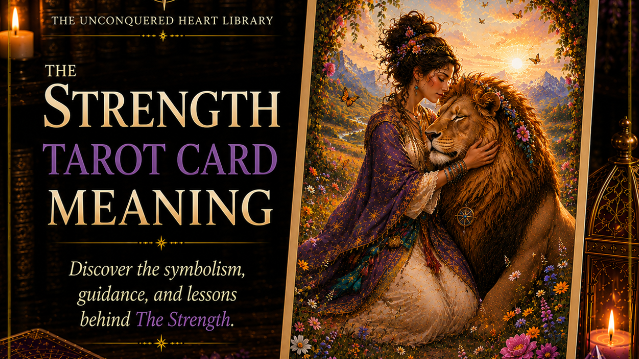 The Strength Tarot Card Meaning featuring the card from the Unconquered Heart Tarot. Card is fully described in the article.