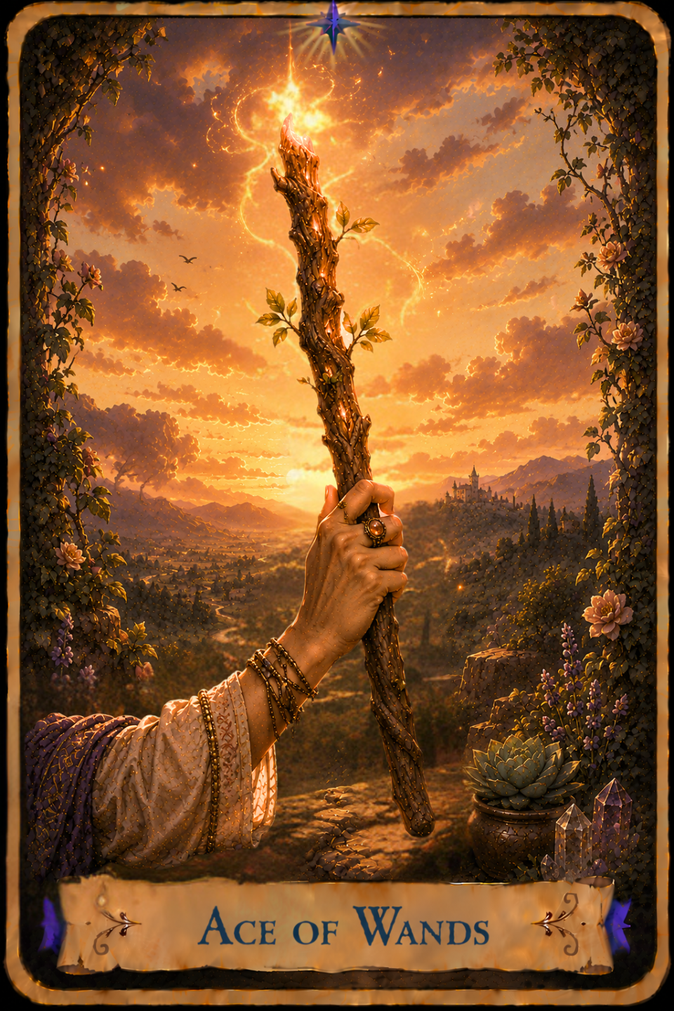 Ace of Wands Tarot card showing a hand emerging from the lower edge of the card wearing a flowing cream-colored sleeve trimmed with gold and a purple cloak as it raises a living wooden wand toward the sky. Fresh green leaves sprout from the twisting branch while flames and glowing golden light swirl around its tip. Flowering vines frame both sides of the scene, overlooking a broad valley with winding rivers, distant villages, rolling hills, and a hilltop castle beneath a brilliant golden sunrise sky filled with glowing clouds. A potted succulent and a cluster of purple, clear, and golden crystal points rest on a stone ledge in the foreground, while birds soar through the sky in the distance.