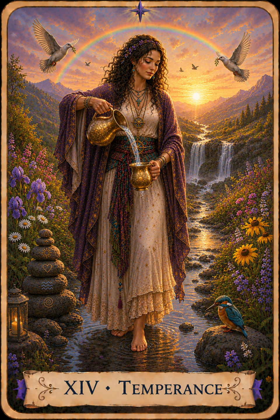 Temperance from The Unconquered Heart Tarot depicts a woman standing barefoot in a shallow stream surrounded by colorful flowers. She wears flowing purple and white clothing with blue and gold details and pours water from a large golden pitcher into a smaller golden cup. A stack of stones marked with small symbols stands beside the stream, and a blue bird perches on a rock nearby. Two white doves carrying leafy branches fly overhead. A waterfall, mountains, a rainbow, and the setting sun appear in the background.