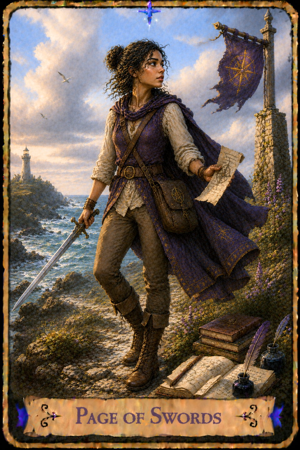 Page of Swords Tarot card showing a young woman with long curly dark hair tied back in a loose bun wearing a cream-colored tunic, brown trousers, tall lace-up boots, and a flowing purple cloak as she strides along a rocky coastal path. She holds a sword in one hand while extending an aged parchment marked with a compass design in the other, looking alertly over her shoulder. A leather satchel decorated with an eight-pointed compass hangs at her side. A weathered stone flagpole displays a tattered purple banner overlooking the shoreline, while a lighthouse stands on a rocky point in the distance. Open books, stacked journals, an unfurled map, quill pens, and ink bottles rest beside the path among blooming purple wildflowers. Waves crash against the rocky coastline beneath a bright sky filled with towering clouds as seabirds soar overhead.