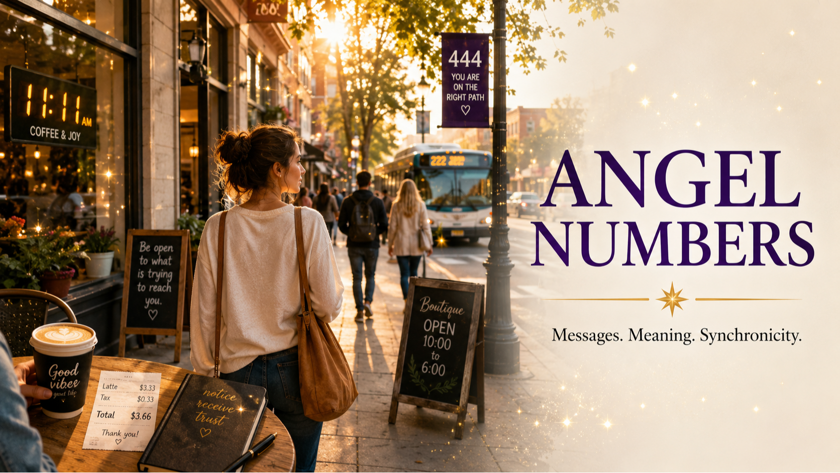Angel Numbers. Messages. Meaning. Synchronicity. A woman walks along a sunlit city street surrounded by subtle signs and repeating numbers, including 11:11, 444, 222, and 333.