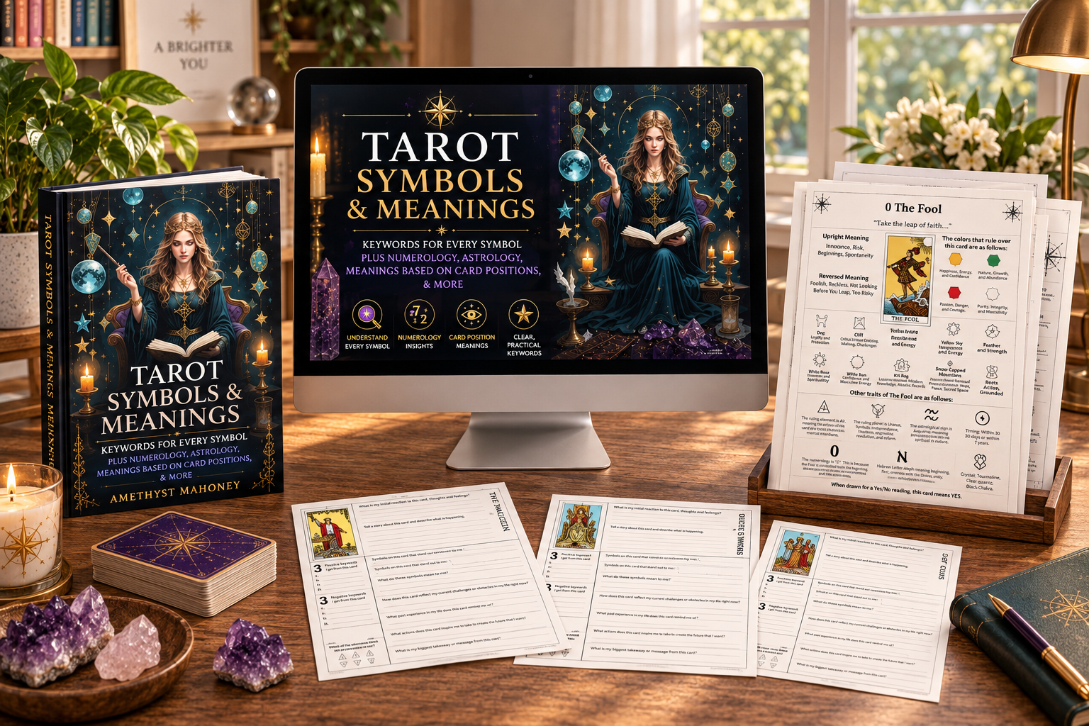 Tarot Symbols and Meanings materials displayed including ebook, worksheets, and printer-friendly version.